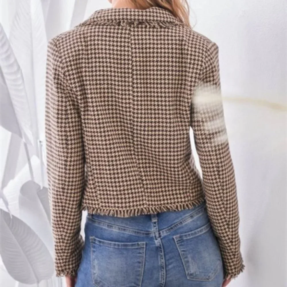 work chic houndstooth plaid print fringe detailed